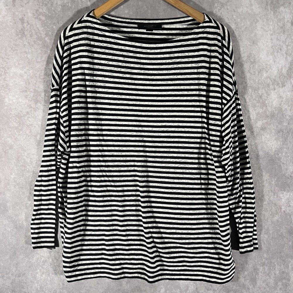 AllSaints Striped Long‎ Sleeve Top Womens Medium Black White Oversized Boat Neck